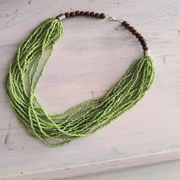 Green Multiple Row Handmade Beaded Statement Necklace - Picture 1 of 3